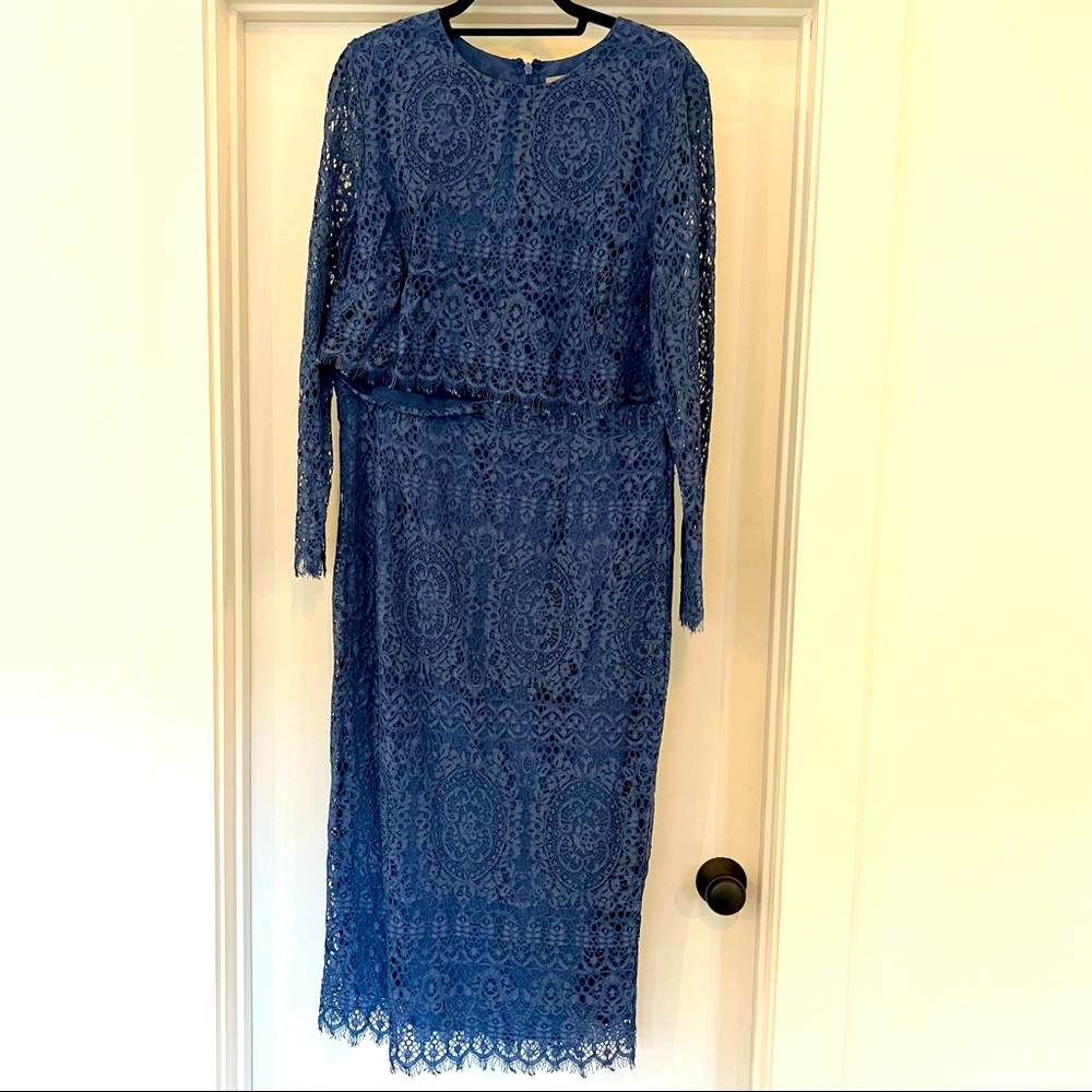Asos Blue Lace Long Sleeved Midi Dress (size 14)
